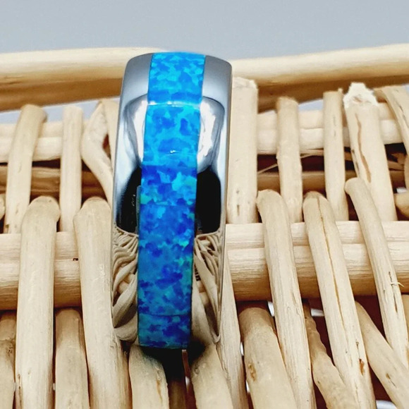 " Silver Tungsten Wedding Ring With Blue Opal Inlay, GALTUN598 - Picture 6 of 6
